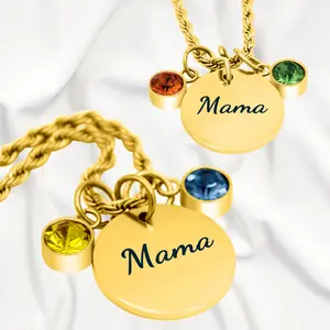 Mama Necklace with Two Birthstone Charms 18K Gold Pendant Gift for Mom Perfect Jewelry Gift Rope Chain Motherhood Tribute