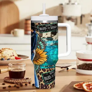 1pc 30/40oz This is a Western cowboy couple "Bud and Sissy Cowboys" themed insulated tumbler, designed for lovers of country,Stainless steel portable water bottle(with a straw and handle),  western, and rustic aesthetic culture