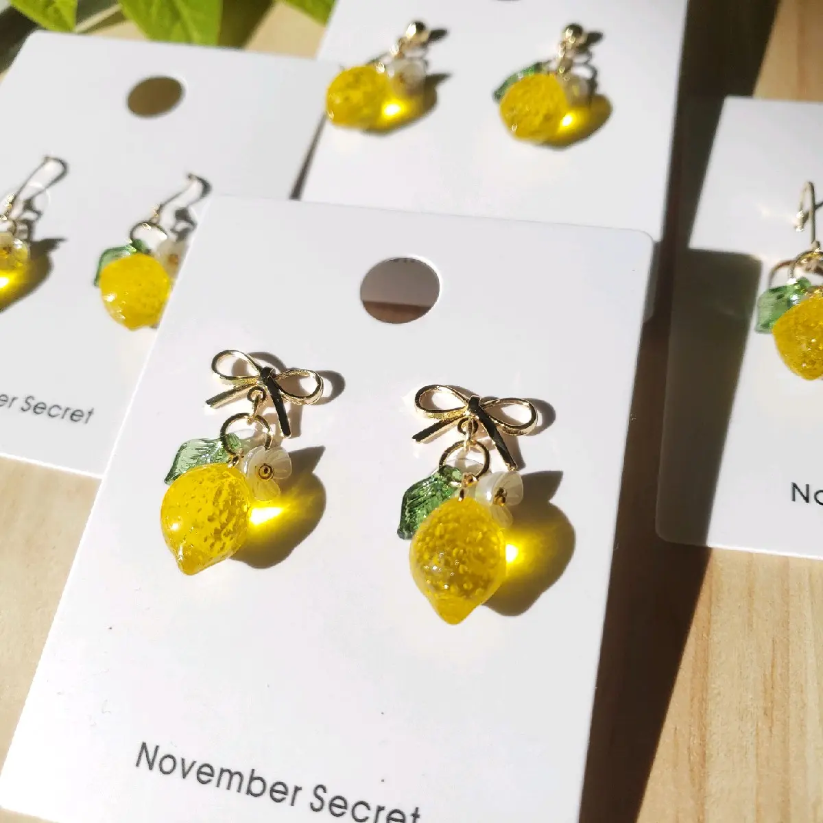 glass translucent Lemon  drop earrings, handmade cute fruit earrings