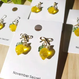 glass translucent Lemon  drop earrings, handmade cute fruit earrings