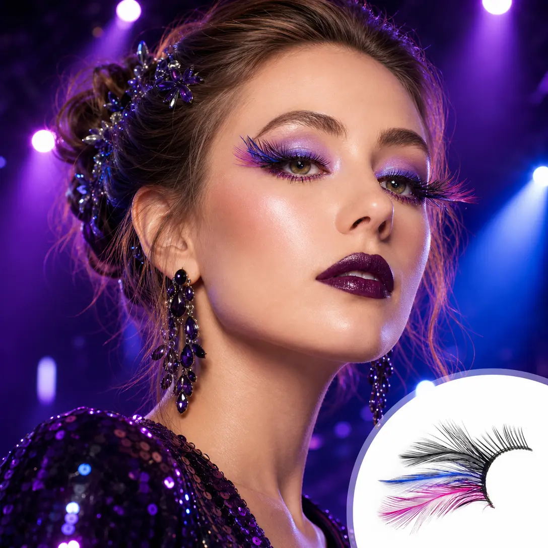 Purple Blue Cat Eye Feather Eyelashes — Cold Tone False Lashes for Dark Fantasy Wedding, Ocean Cosplay