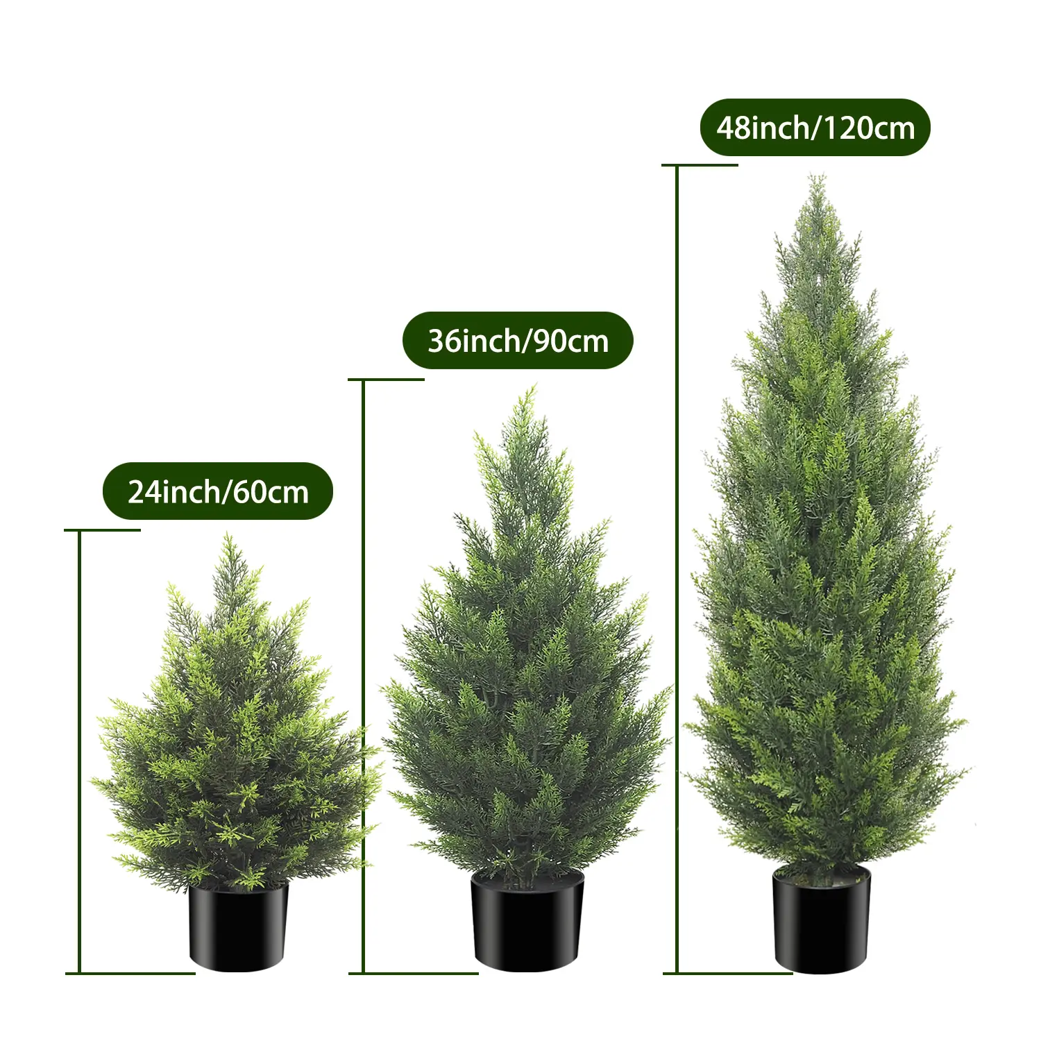 2-Pack Decorative Fake Trees (24in, 36in, 48in) - UV-Fade Resistant, Weatherproof, Rain-Proof Cedar Topiary Potted Plants, Plant Decor for Outdoor/Indoor All Seasons Porch, Garden, Home Housewarming Gifts