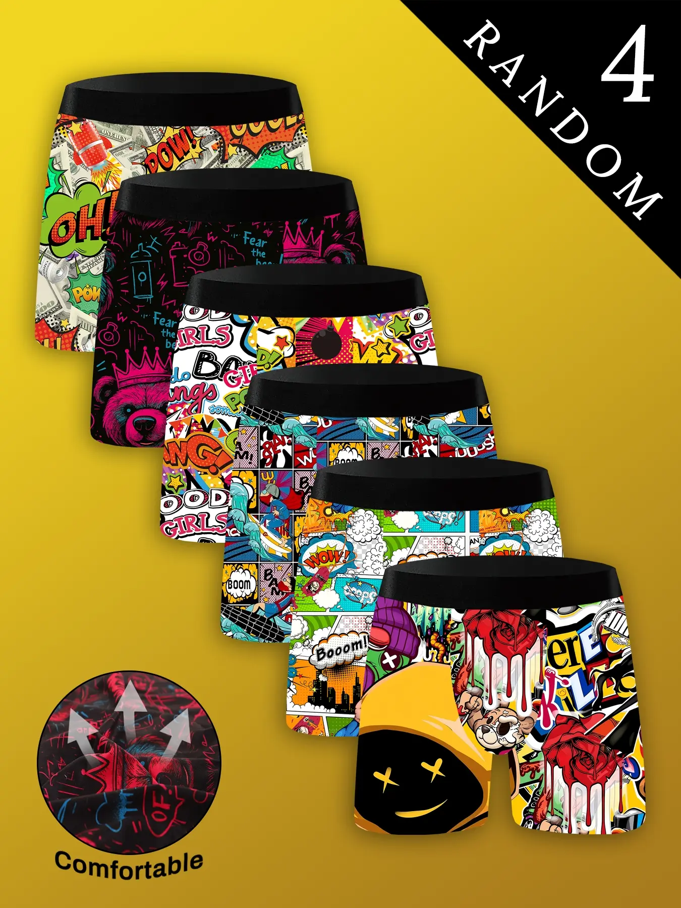 Men's Random 4 Pack Novelty Casual Comfy Shorts, Graffiti Color Block Pattern, Milk Silk Knit Fabric, Soft Skin-Friendly, Breathable Sweat-Wicking