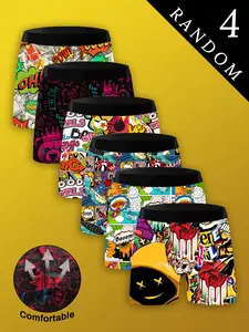 Men's Random 4 Pack Novelty Casual Comfy Shorts, Graffiti Color Block Pattern, Milk Silk Knit Fabric, Soft Skin-Friendly, Breathable Sweat-Wicking