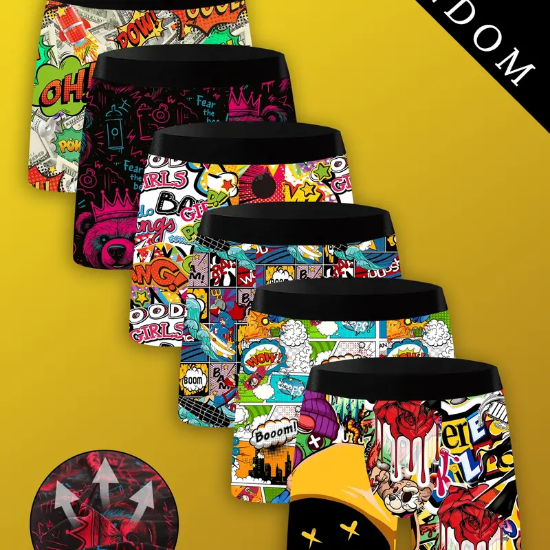 Men's 4-Pack Assorted Novelty Boxer Briefs, Knitted, Graffiti Color-Block Print, Soft Knit Fabric, Skin-Friendly, Breathable and Moisture-Wicking