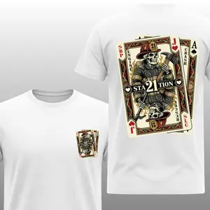 Station 21 Crash Rescue Firefighter Skeleton T-Shirt, 2 Sides, Playing Card Fireman Skull Axe Graphic Tee