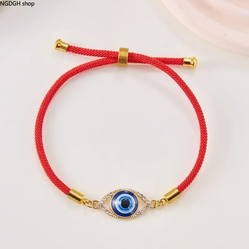 Red String Evil Eye String Bracelet with Gold-Crystal Accents, Adjustable, Protective, Ideal for Daily Everyday Wear, String Bracelets