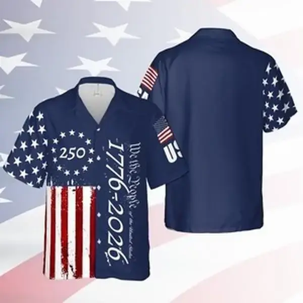 USA 250th Anniversary Hawaiian Shirt 1776 2026 We The People American Flag Stars Stripes Navy Unisex Oversized Casual Summer Beach 4th July Men Women Gift