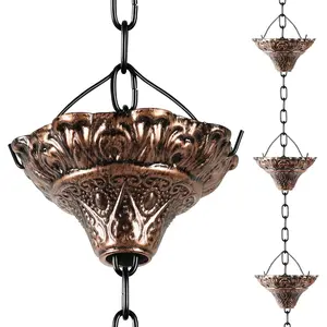 8.5 Ft Antique Copper Rain Chain Gutter Downspout with 12 Cups, Adjustable Rain Catcher Chain with Bell, Decorative Outside Water Diverter Garden Rain Chimes