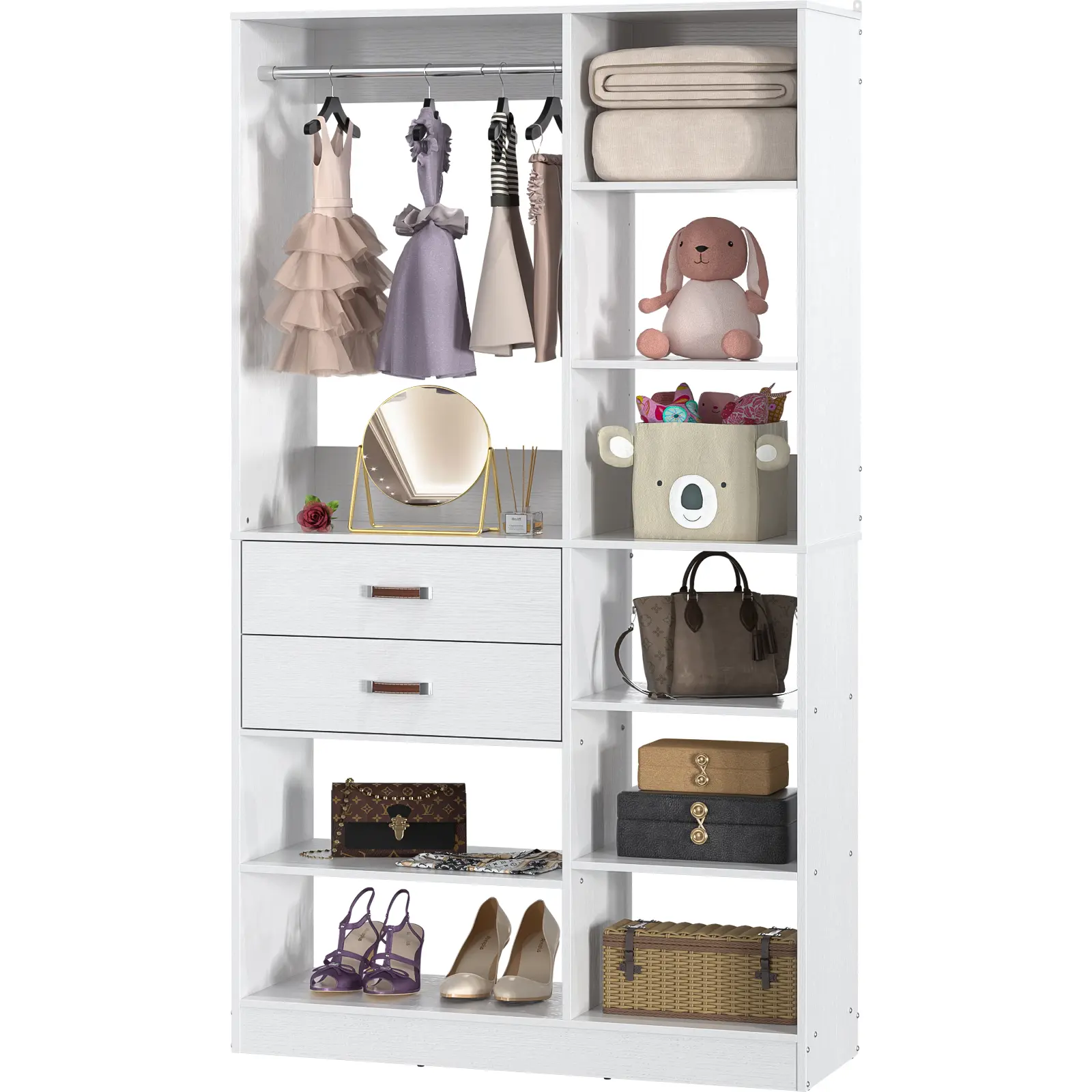 Wood Closet System 39''W Closet Organizer with 2 Wood Drawers with Metal Hanging Rods [2 Packages Shipping]