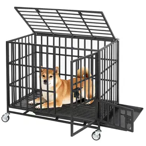 Indestructible Escape-Proof Dog Crate 🛡️ Heavy Duty XXL Metal Kennel for Large Dogs, High Anxiety Pet Cage with 3 Doors, Locking Wheels & Removable Tray - Secure Indoor Outdoor Heavy Duty Dog Cage, Black Steel