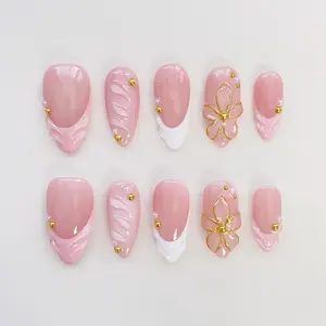 Pink Almond Press On Nails: Gold Flower French Tip, Elegant Spring Nails