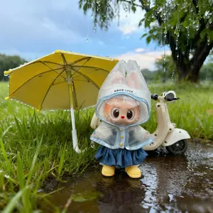 Labubu 3-Piece Set with Pleated Skirts Waterproof Raincoat & Yellow Rainboots Universal Fit for 6.7in Labubu Dolls  costume stylish outfit accessory Christmas & Black Friday Plush Outfit Set bulabu doll doll dress Casual Labubu Doll Clothes Set