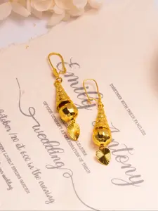 Vintage Style 24k Gold Plated Dangle Earrings, Fashionable Earrings, Spiral Structure Design, Shiny Floral Pattern, Elegant Copper Jewelry for Women