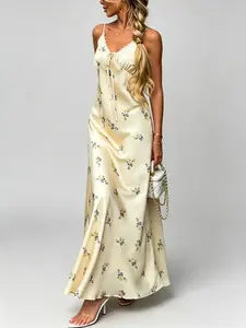 Womens V-Neck Lace Trim Cami Dress Spaghetti Strap Slip Dress 97% Polyester 3% Spandex 2026 Summer Vacation Resort Wear Elegant Commuter Flowy A-Line Versatile Chic Everyday Party Sleeveless Midi Dress Flattering High Stretch Apparel
