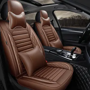 OTOEZ Waterproof Brown 5PCS PU Leather Car Seat Covers Full Set with Lumbar Support Airbag Compatible for Most Sedans SUVs & Mid-Size Pickup Trucks Automotive Interior