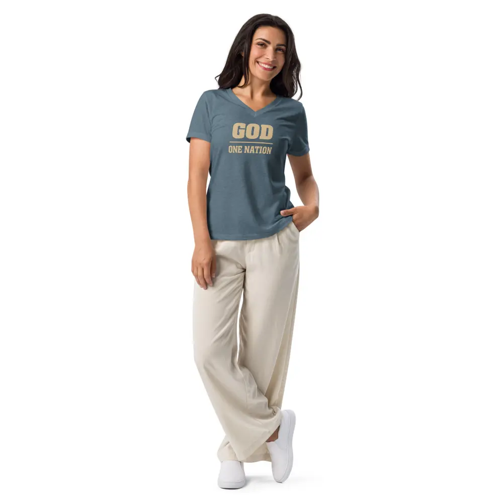 One Nation Under GOD Women's V-neck T-shirt Soft Fabric Relaxed Fit Heather Colors 52% Cotton 48% Polyester 4.2 oz/yd² Side-seamed Construction