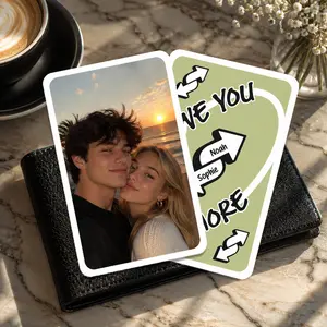Custom Love You More Reverse Uno Card Personalized Wallet Insert Photo Card For Boyfriend Girlfriend Couples Cute Y2K Meme Aesthetic Green PVC Metal Keepsake Anniversary Valentines Day Gift Mini Picture Wallet