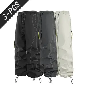 3-pack unisex casual cargo paratrooper pants, American-style loose joggers, neutral autumn men’s pants with off-road pockets, suitable for everyday wear or outdoor activities.
