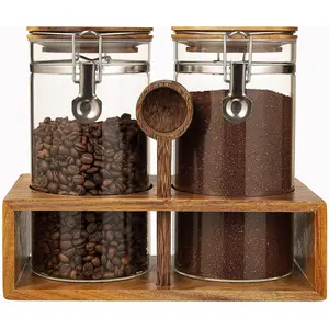 Glass Sugar Coffee Containers with Shelf, 2 x 45OZ Coffee Bean Canister Storage Station Organizer with Airtight Locking Clamp and Log Coffee Scoop, Large Capacity  Storage Jar for Kitchen