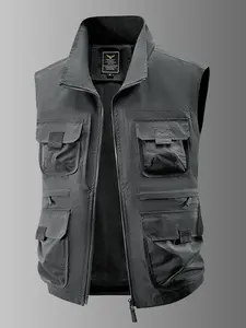 Men's Outdoor Workwear Multi-Pocket Casual Fishing Vest, Breathable Quick-Dry Stand Collar Sleeveless Waistcoat, Youth Regular Fit