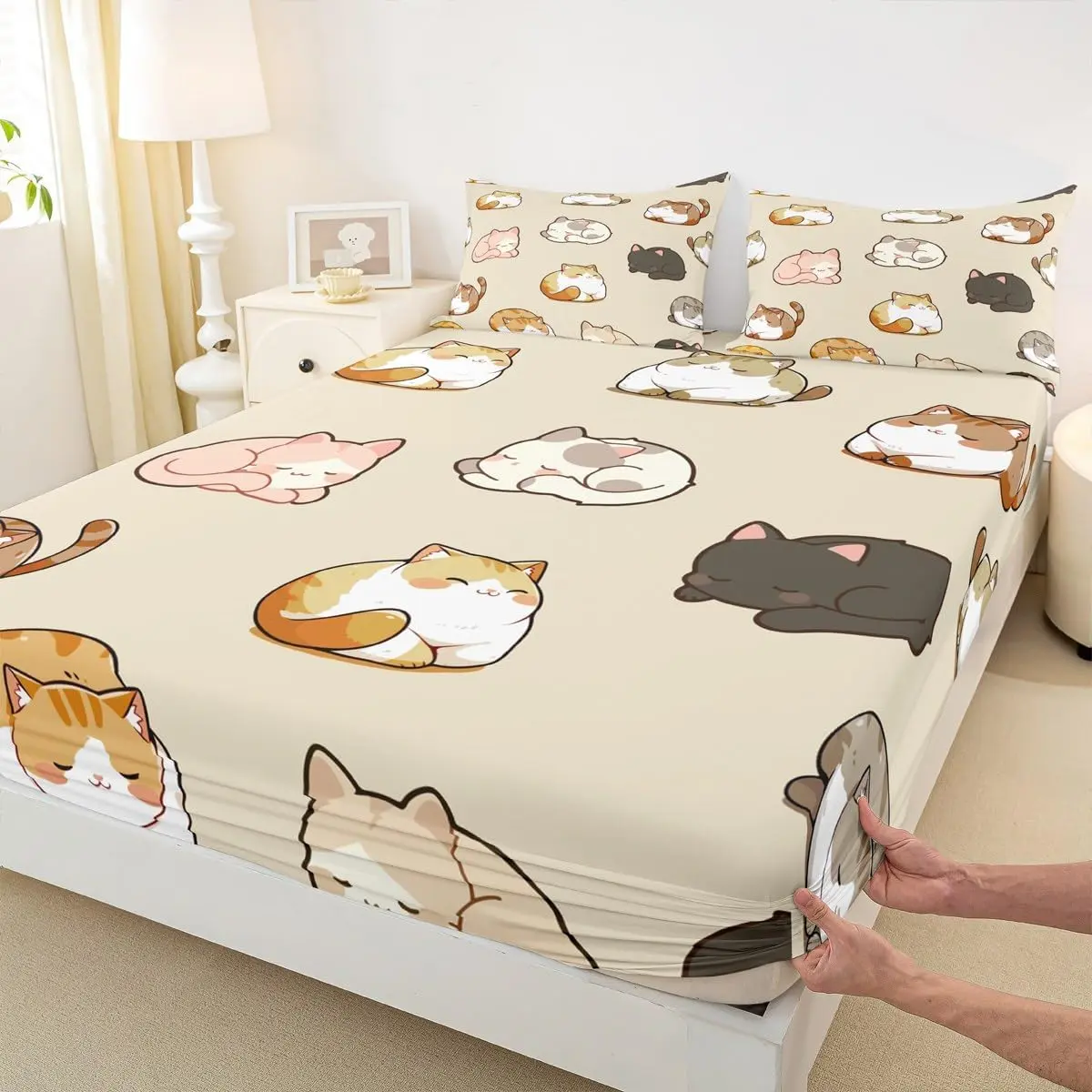Cute Cat Fitted Sheets,Cartoon Pet Animals Bed Sheet Woman Room Decor,Kawaii Fat Kitten Bedding Set Soft Cozy Modern Light Brown Deep Pocket Sheet