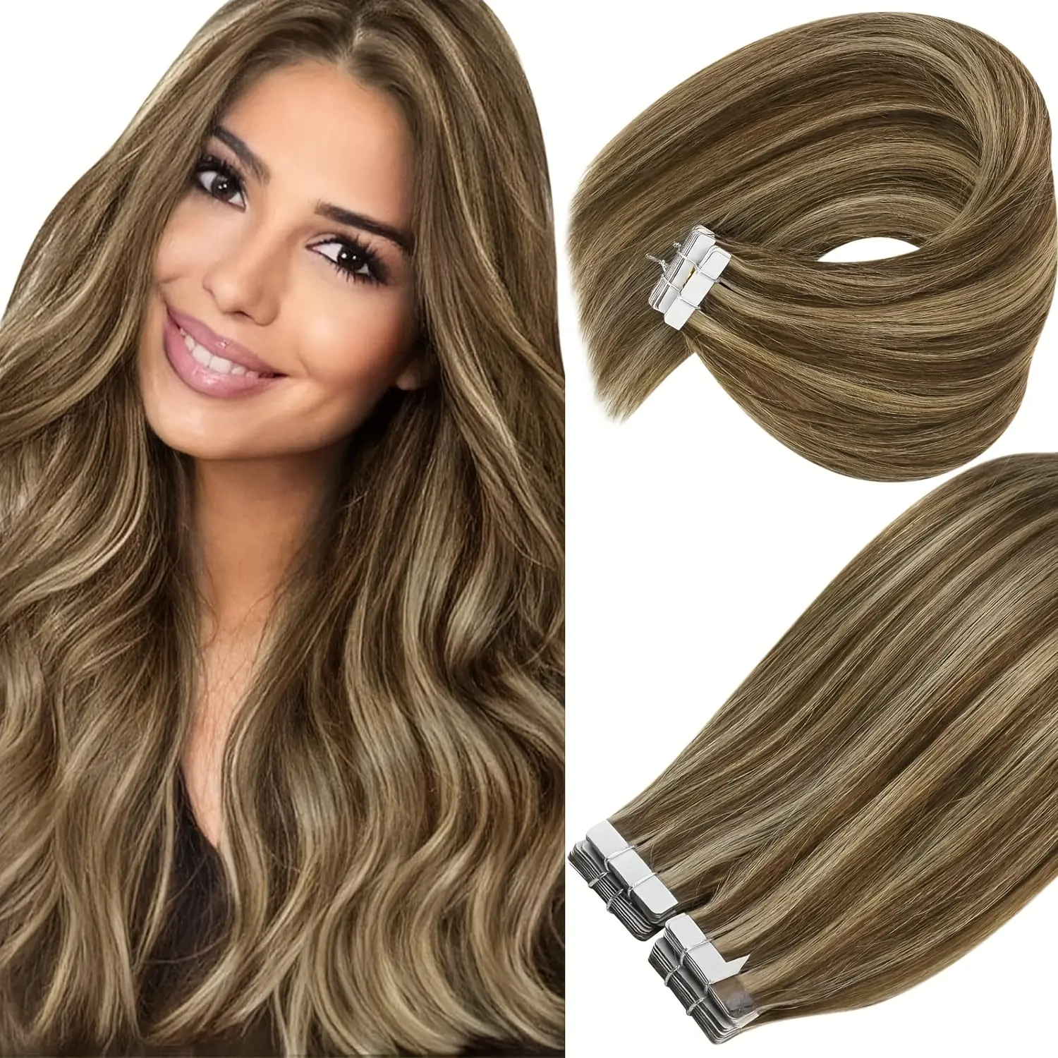 2025 Hot Tape in Hair Extensions 16-28 Inch Color # 4/27 Medium Brown Highlighted Honey Blonde Double Sided Hair Extension Tape in Real Human Hair 30g 20pcs Invisible Skin