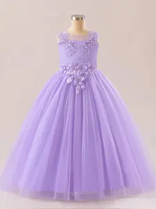 Lilac Kids Clothes Applique Long Ball Gown Children Performance Princess Formal Evening Party Lace Mesh Floral Ball Gown Pageant Prom Host Cocktail Dress Flower Girls for all Season 7 to 14 Years