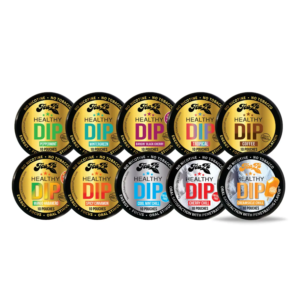 TeaZa Energy Pouches - Variety Pack - 10 Flavors, Herbal Tea, B Vitamins, Mint, Fruity & Spicy Flavors, Caffeine Energy Pouches Beverage