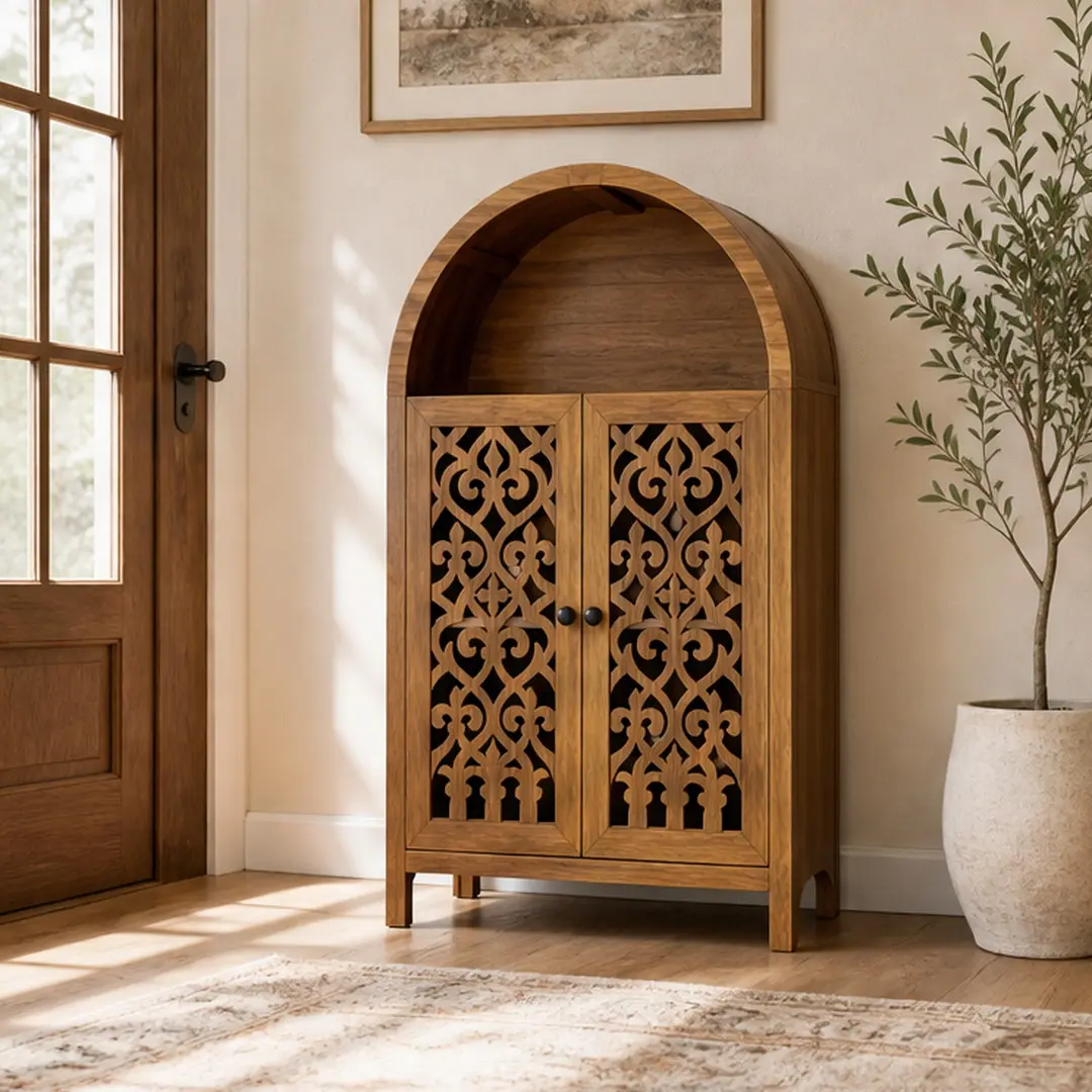 ARCH Hand-Carved Arched Tall Narrow Accent Cabinet, Solid Wood Storage Cabinet with Open Shelf & 2 Doors, Walnut Melamine Vintage Display Cabinet for Living Room, Bedroom, Entryway, 11.8"W x 27.5"D x 44.4"H, Walnut Color Options, Melamine Material