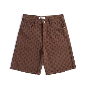 Summer Retro Brown Denim Shorts For Men, Wide Leg Casual Street Fifth Length Jeans Pants