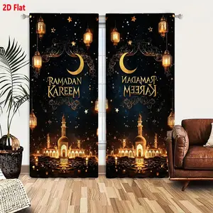 2D Flat   Ramadan Kareem Symmetrical Golden Lantern Mosque Pattern 2-Piece Curtain Set, Dark Blue Night Sky with Stars & Glowing Lanterns, Elegant Gold Filigree & Mosque Silhouette Mirror Design for Spiritual Celebration Decor