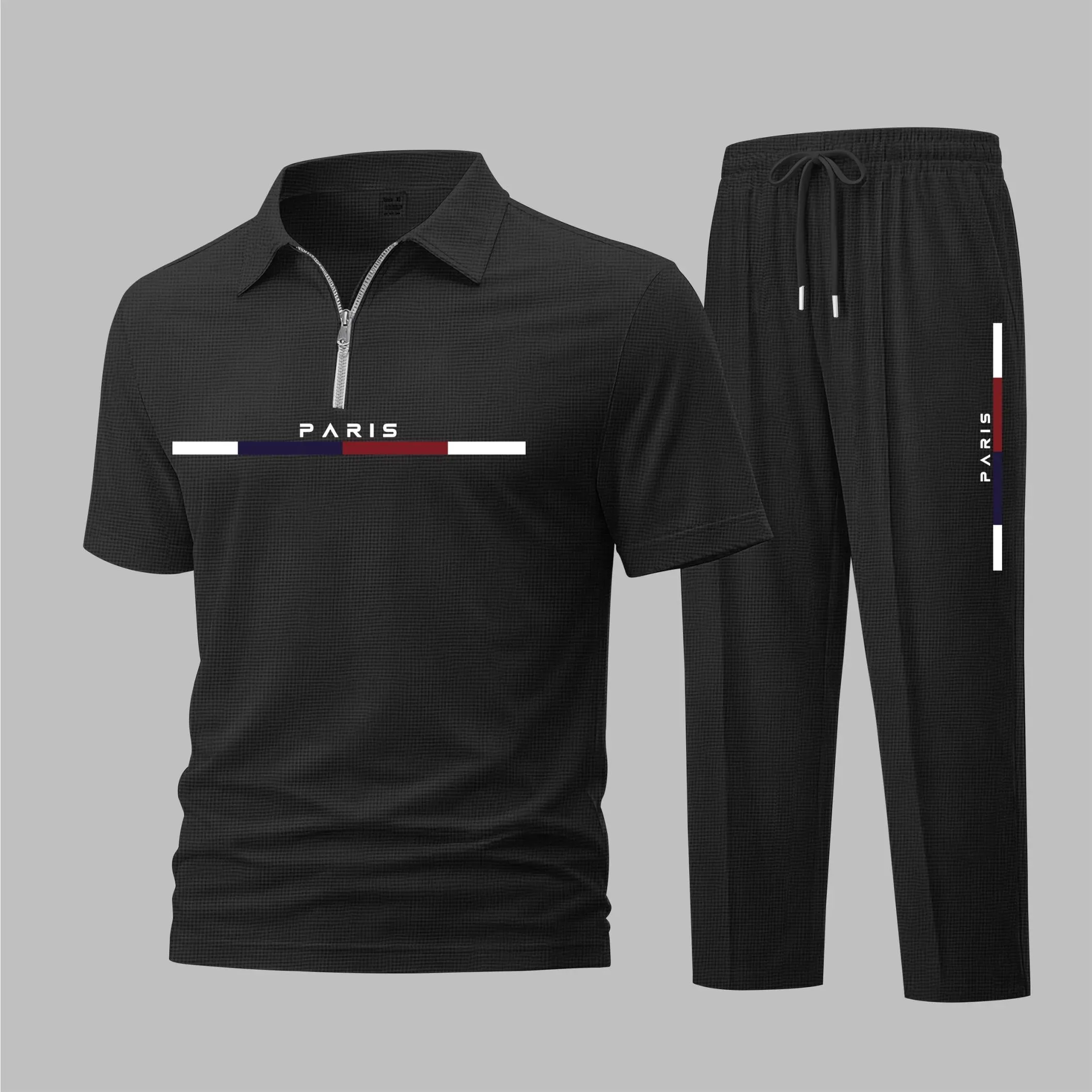 Men's PARIS Letter Print with Red and Black Stripe Waffle-Knit Polo Shirt Set, Short-Sleeve Zip-Up Collar Top with Matching Athletic Trousers, Casual Sportswear Outfit