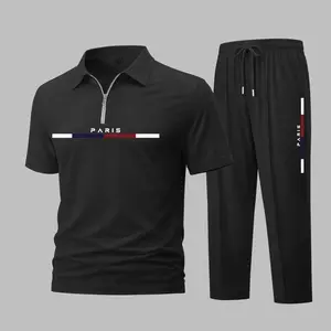 Men's 2-Piece Sporty Style Waffle-Knit Polo Shirt Set - Short-Sleeve Zip-Up Collar Top with PARIS Letter Print, Red and Black Stripes, Matching Athletic Trousers, Casual Sportswear Outfit