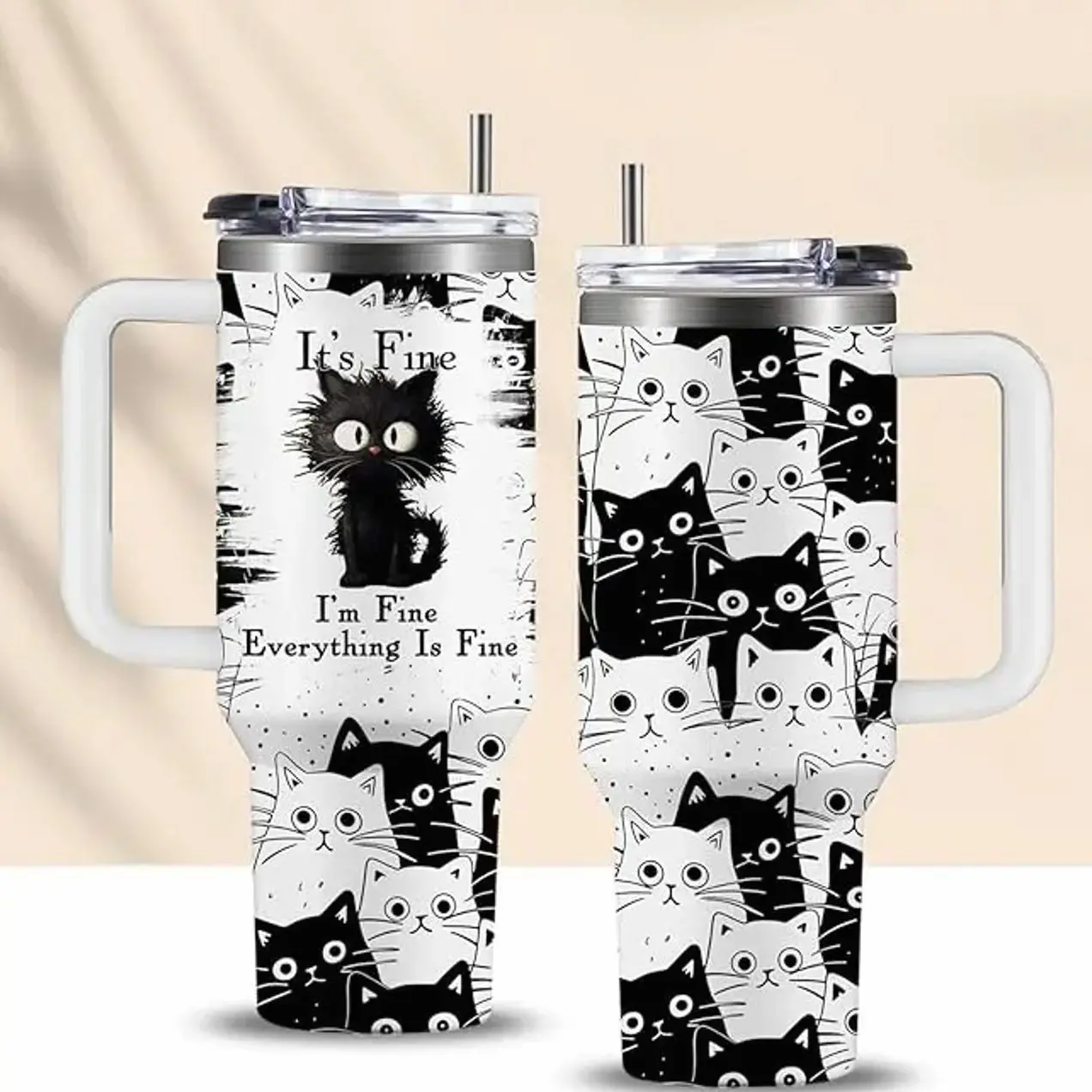 Gift for Cats Lovers Women Men Girls Funny 40oz Black Cats Themed Tumbler Cups with Handle - Everything Is Fine Mug