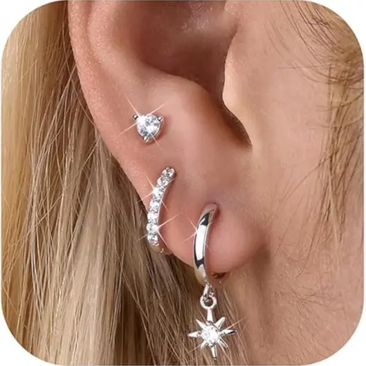 2 Pairs of CZ Earrings + 1 Pair of CZ Star Hoops