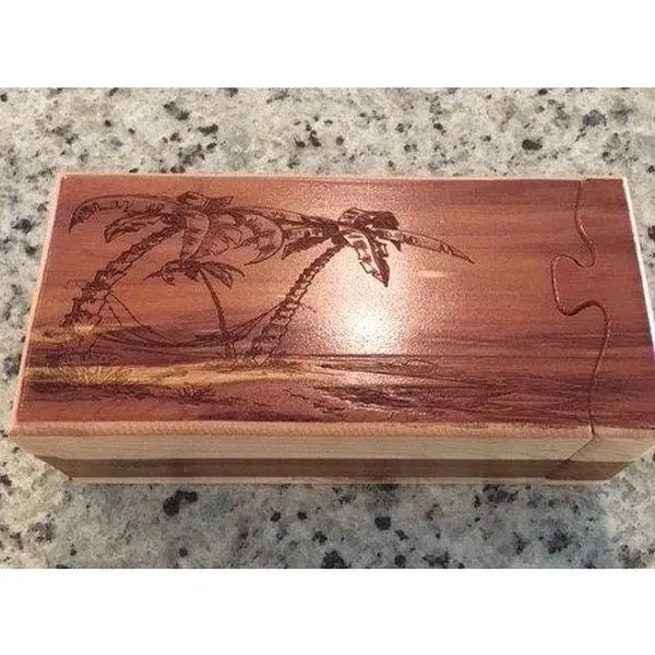 Solid Wood Puzzle Box - Palm Tree Hammock, Wooden Box, Jewelry Box, Handcrafted, Custom Box, Personalized Box, Handmade, Engraved, Stash Box