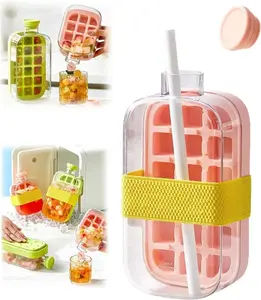 2-in-1 Ice Cube Tray Water Bottle, Portable Freezer Ice Maker with Straw and Leak Proof Lid, Summer Cold Drink Cup for Home, Office and Travel