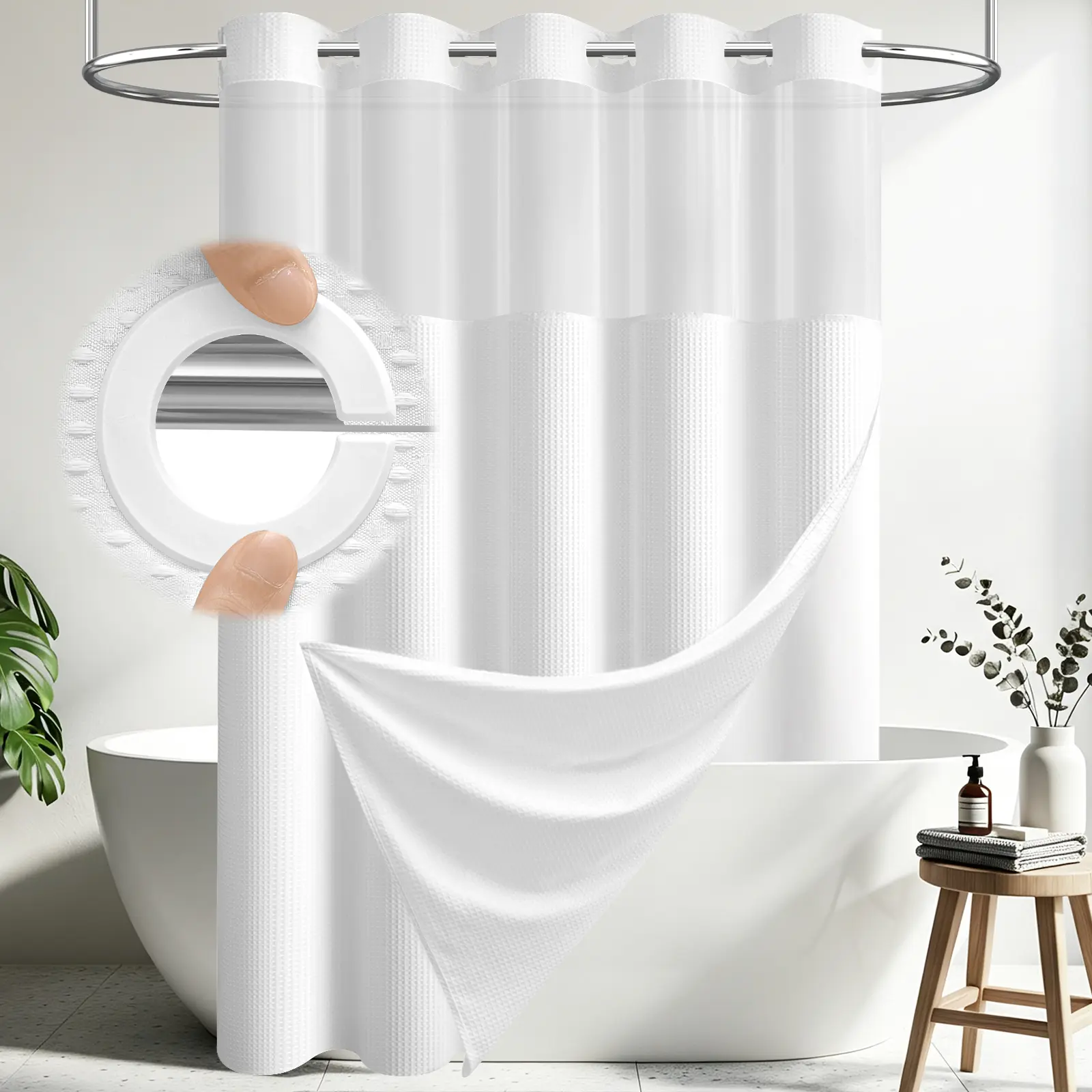 Premium No Hook Washable Waffle Weave Shower Curtain Set, Heavy Duty Double Layer with Snap-in Detachable Waterproof Liner & Mesh Window, Modern Bathroom Accessory for Hotel, Salon, Dector, Household Items, bathroom curtains, Cortina de baño sin ganchos