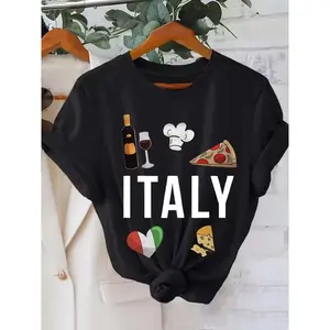 Women's Italian Foodie Graphic T-Shirt - Black Short Sleeve Crew Neck Casual Top with Italy Flag & Culinary Icons