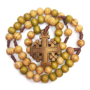 Jesus Wooden Prayer Beads 10mm Rosary for Cross Necklace Pendant Woven Rope Chai
