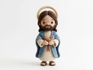 Handmade Crochet Jesus Doll - 5 Loaves and 2 Fishes Miracle - Catholic Amigurumi Religious Gift - Spiritual Home Decor