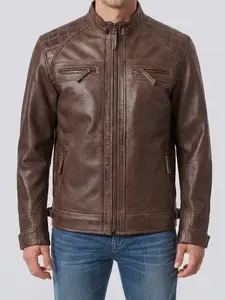 Men’s Brown Genuine Leather Jacket Vintage Slim Fit Zip-Up Biker Style Jacket