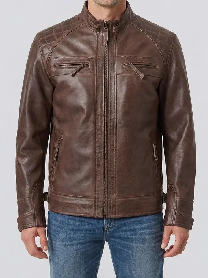 Men’s Brown Genuine Leather Jacket Vintage Slim Fit Zip-Up Biker Style Jacket