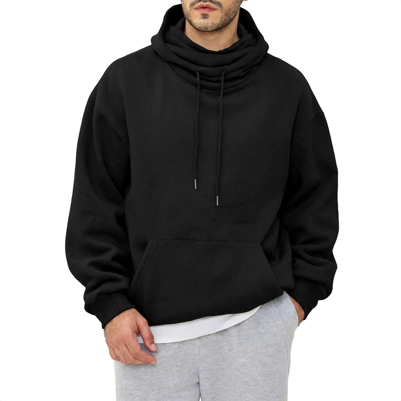 JMIERR Mens Fleece Hoodie Pullover with Kangaroo Pocket Warm Hoodies with Pull-Up Neck Coverage for Fall Winter