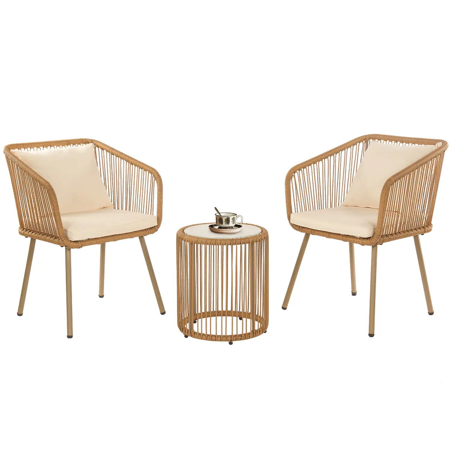 3 Piece Patio Furniture Set with Cushions Lumbar Pillows Outdoor PE Rattan Bistro Furniture Set Patio Rattan Conversation Set Glass Coffee Table Top a