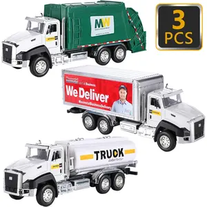 G.C 3 Pack Diecast Transport Vehicles Set - Garbage Truck, Tanker, Delivery Truck 1:50 Scale Pull Back Metal Model Car Toys for Boys