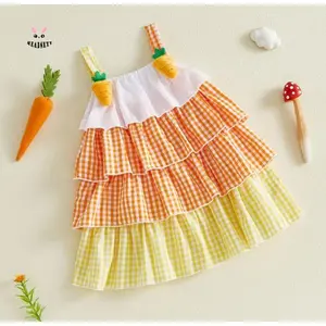 Toddler Girls Dress Easter Clothes Carrot Decor Plaid Sleeveless Ruffles Cami Dress Kids Fashion Casual Princess Dress