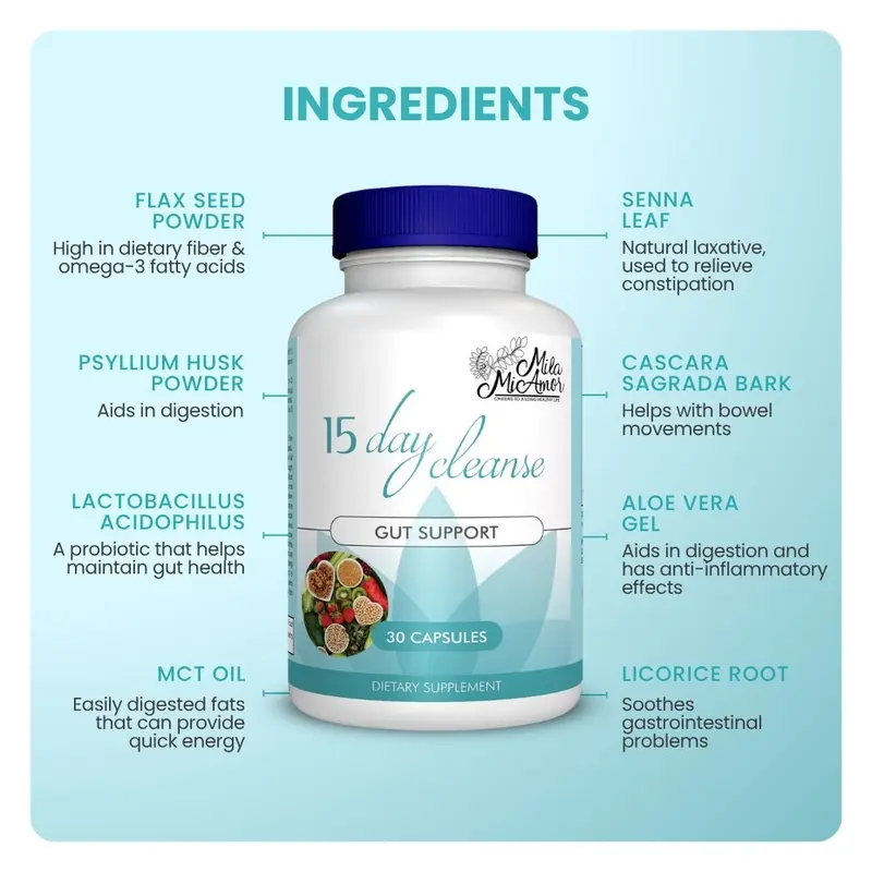 15 Day Cleanse - Gut and Colon Support | Caffeine Free | Advanced Formula with Senna, Cascara Sagrada, & Psyllium Husk | Non-GMO | 30 capsules 3