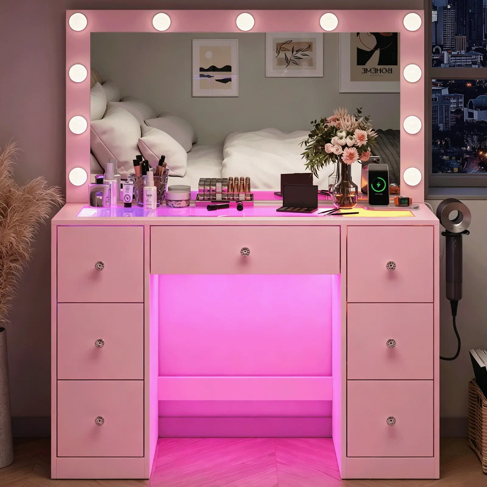 Modern White Makeup Vanity Desk - 11 Lights, Power Outlet, 7 Drawers, Dresser Storage Solution, Bedroom Organizer, Room Decor, Indoor Furniture for Dressing Rooms
